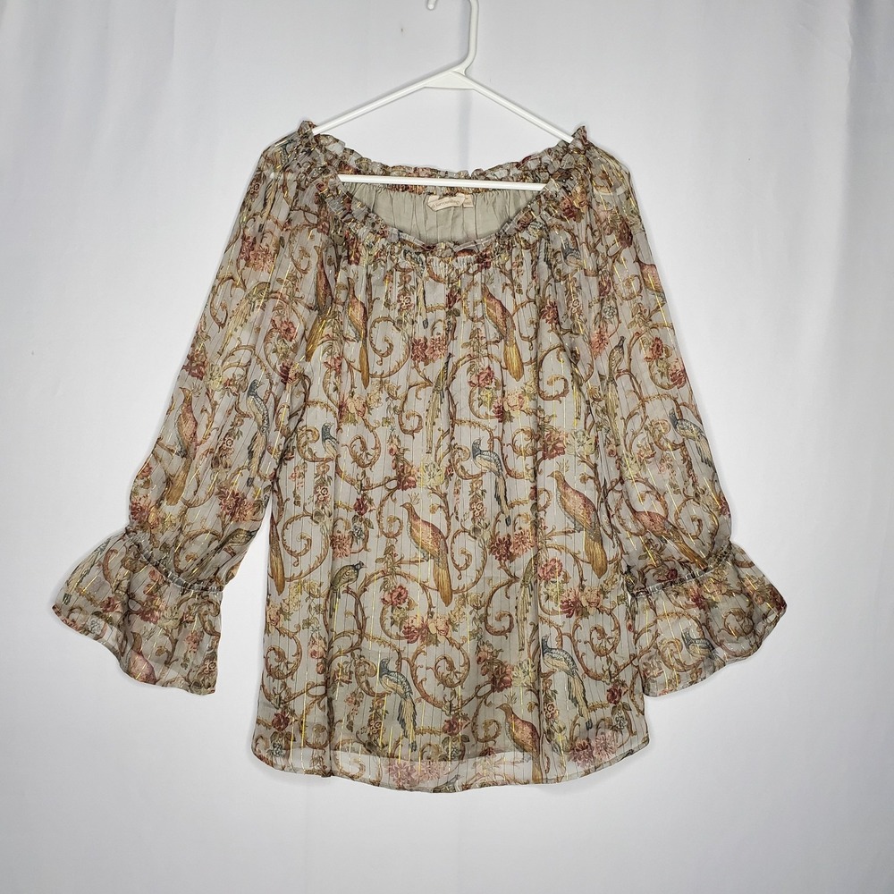 Soft Surroundings Top Women Medium Romantic Birds Sheer Peasant Gold Metallic